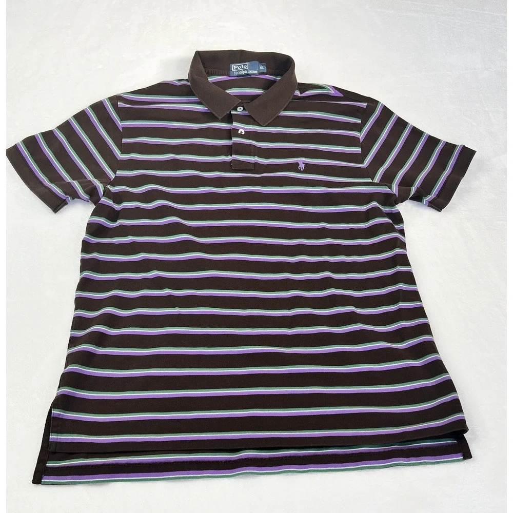 Men's Vintage Polo Ralph Lauren Striped  Polo Shirt Brown‎ Purple Green Size XL